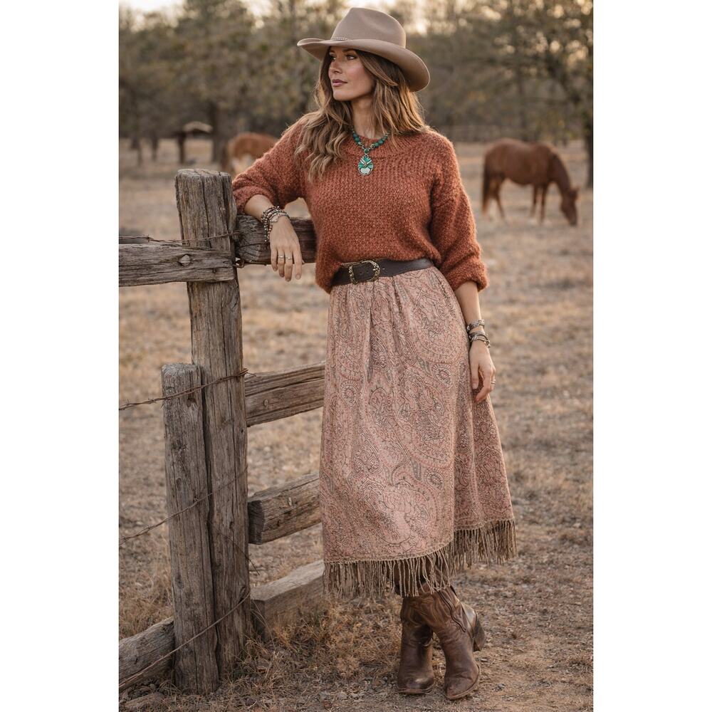 Cato Midi Skirt Plus Size 18W Pink Paisley Fringe Hem Lined Boho Western Vintage